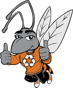 Hamo the Hornet wearing a recycling logo on his shirt