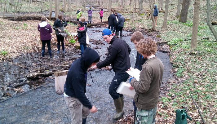 Students sampling a stream during a population and communities class